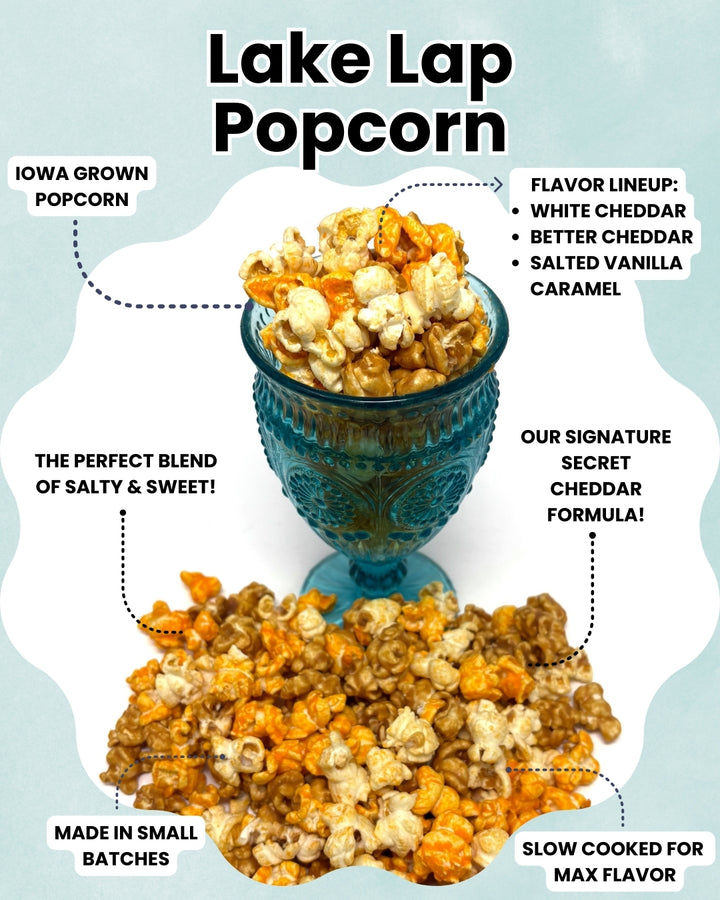 Lake Lap Popcorn - White cheddar, Cheddar and Caramel Popcorn