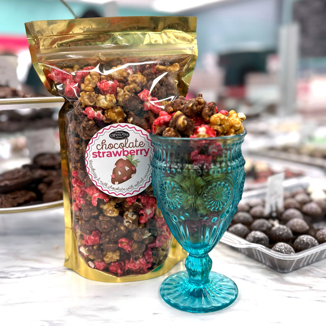 Our Chocolate Covered Strawberry popcorn features our sweet strawberry popcorn and smooth milk chocolate popcorn. Along with our signature salted caramel popcorn to tie it all together. 