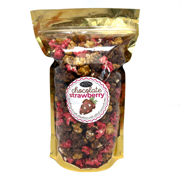 Our Chocolate Covered Strawberry popcorn features our sweet strawberry popcorn and smooth milk chocolate popcorn. Along with our signature salted caramel popcorn to tie it all together. 