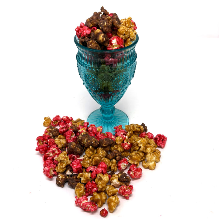 Our Chocolate Covered Strawberry popcorn features our sweet strawberry popcorn and smooth milk chocolate popcorn. Along with our signature salted caramel popcorn to tie it all together. 