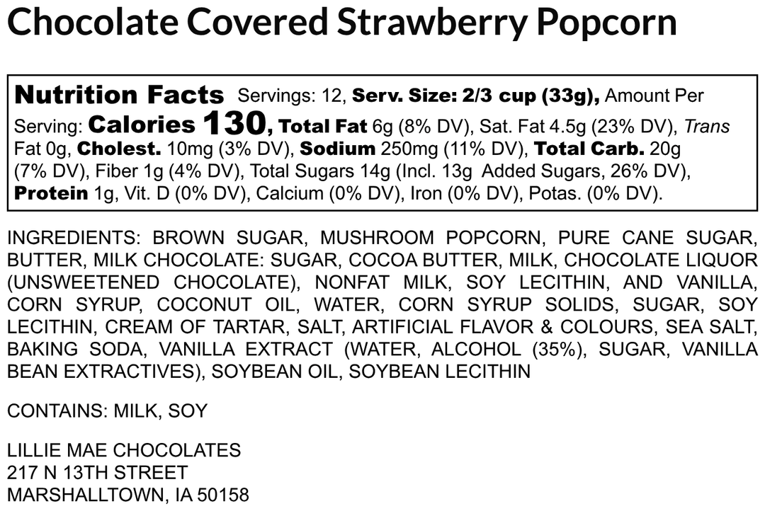 Chocolate Covered Popcorn allergens: milk, soy