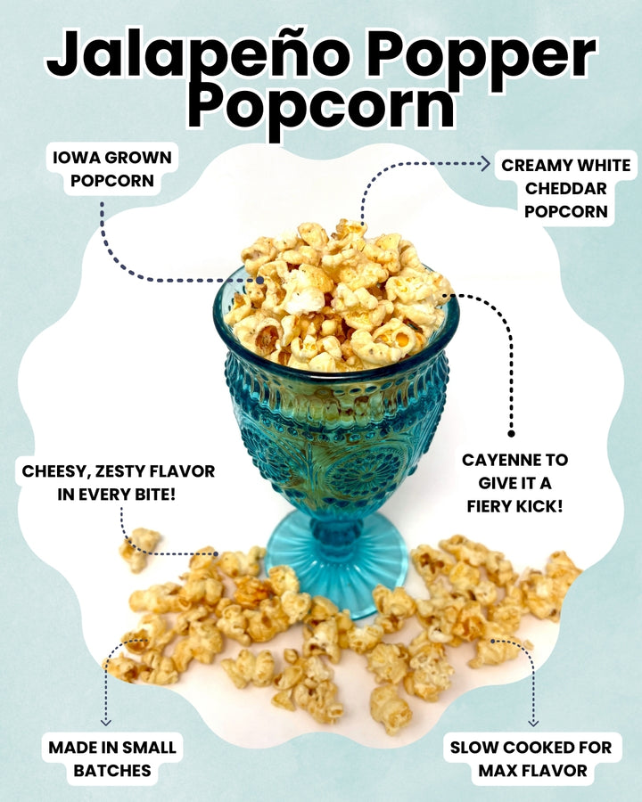 Jalapeño Popper Popcorn includes our white cheddar popcorn mixed with a punchy jalapeño cayenne pepper flavor! We slow cook the popcorn in small batches for max flavor!