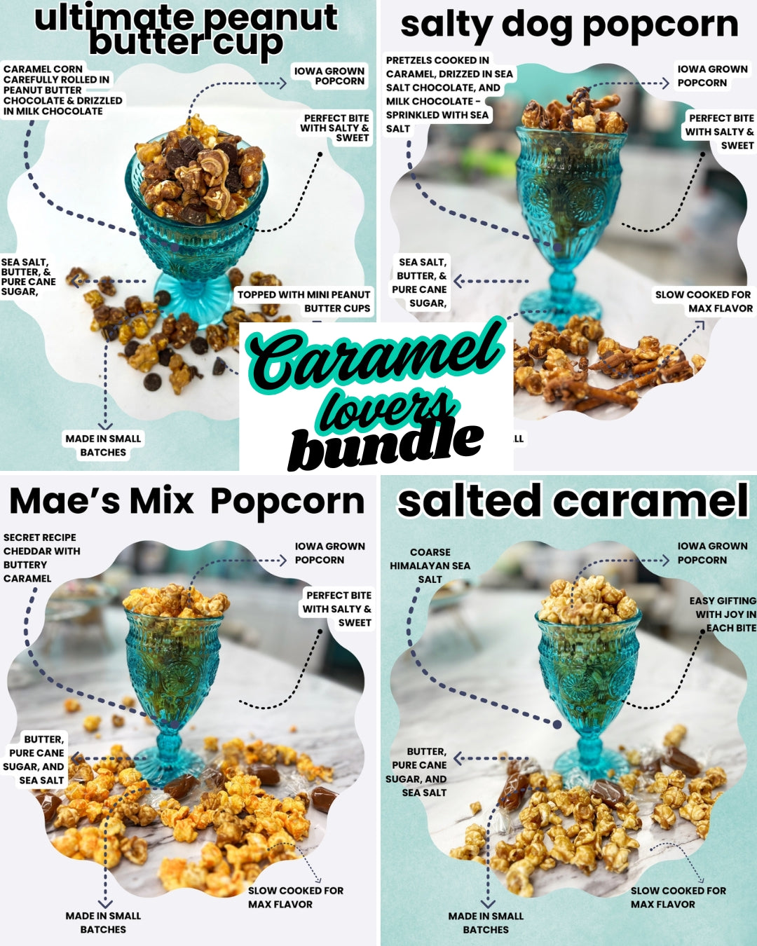 Caramel Lovers Bundle - Popcorn with Salted Caramel, Salty, Mae's Mix,  Ultimate Peanut Butter Cup, Salty Dog