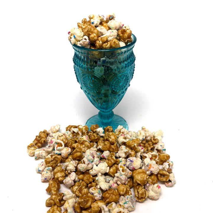 Our Happy Birthday Popcorn includes our vanilla popcorn and vanilla salted caramel popcorn. Along with sprinkles in every bite!
