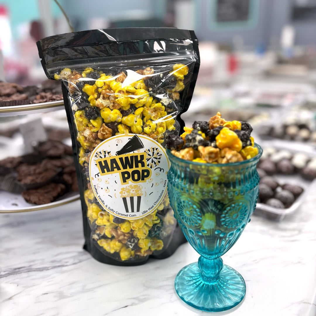Our Hawk Pop Popcorn blend has our sweet and salty salted caramel popcorn, smooth vanilla popcorn, and a rich, buttery toffee popcorn.