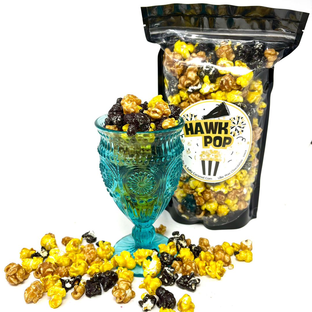 Our Hawk Pop Popcorn blend has our sweet and salty salted caramel popcorn, smooth vanilla popcorn, and a rich, buttery toffee popcorn.