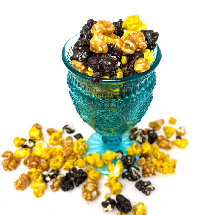 Our Hawk Pop Popcorn blend has our sweet and salty salted caramel popcorn, smooth vanilla popcorn, and a rich, buttery toffee popcorn.
