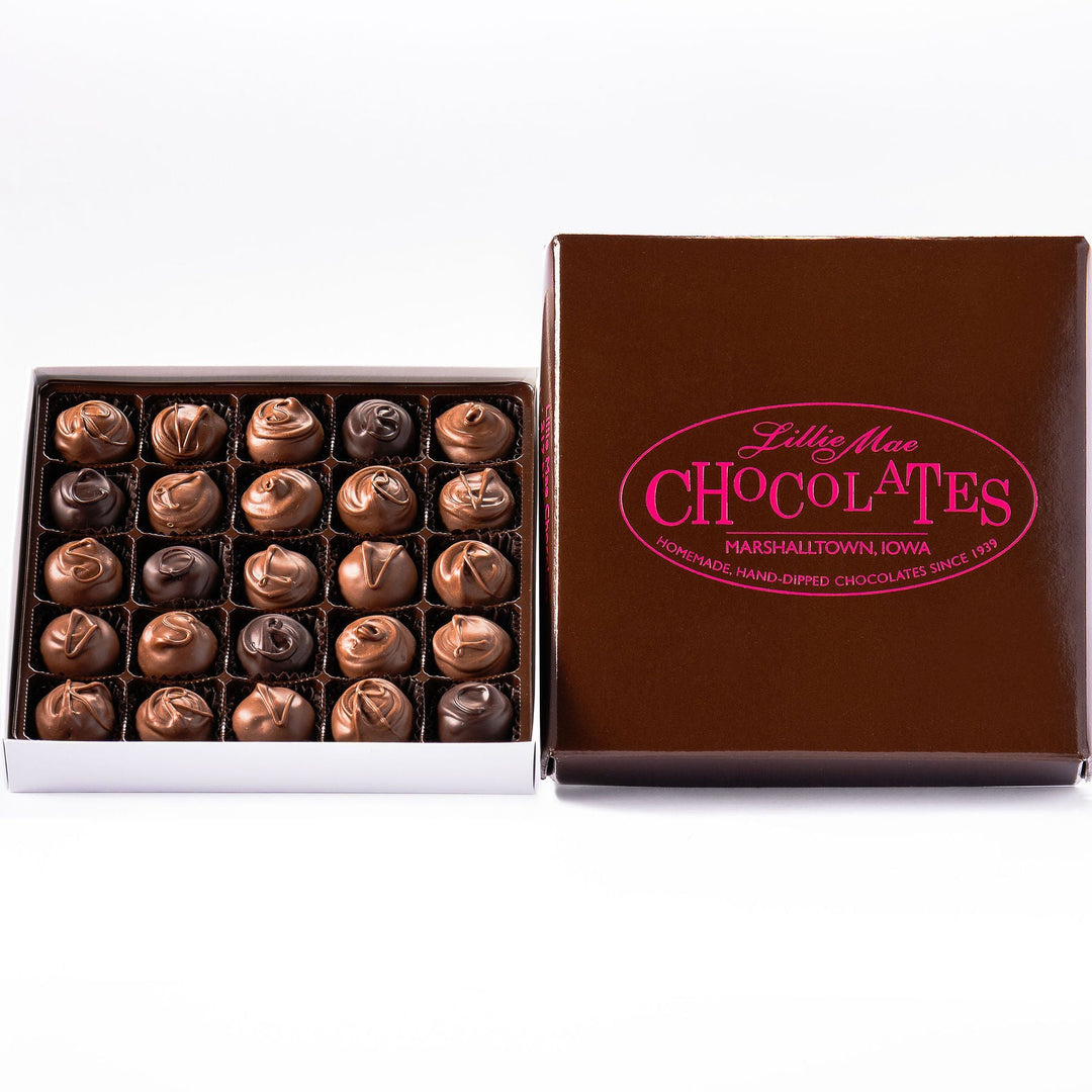 Size large open handmade milk and dark chocolate soft center gift assortment from Lillie Mae Chocolates in Iowa.