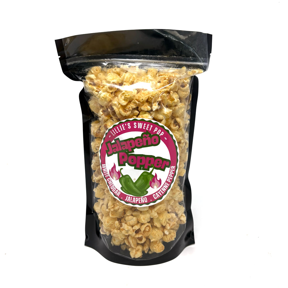 Jalapeño Popper Popcorn includes our white cheddar popcorn mixed with a punchy jalapeño cayenne pepper flavor!