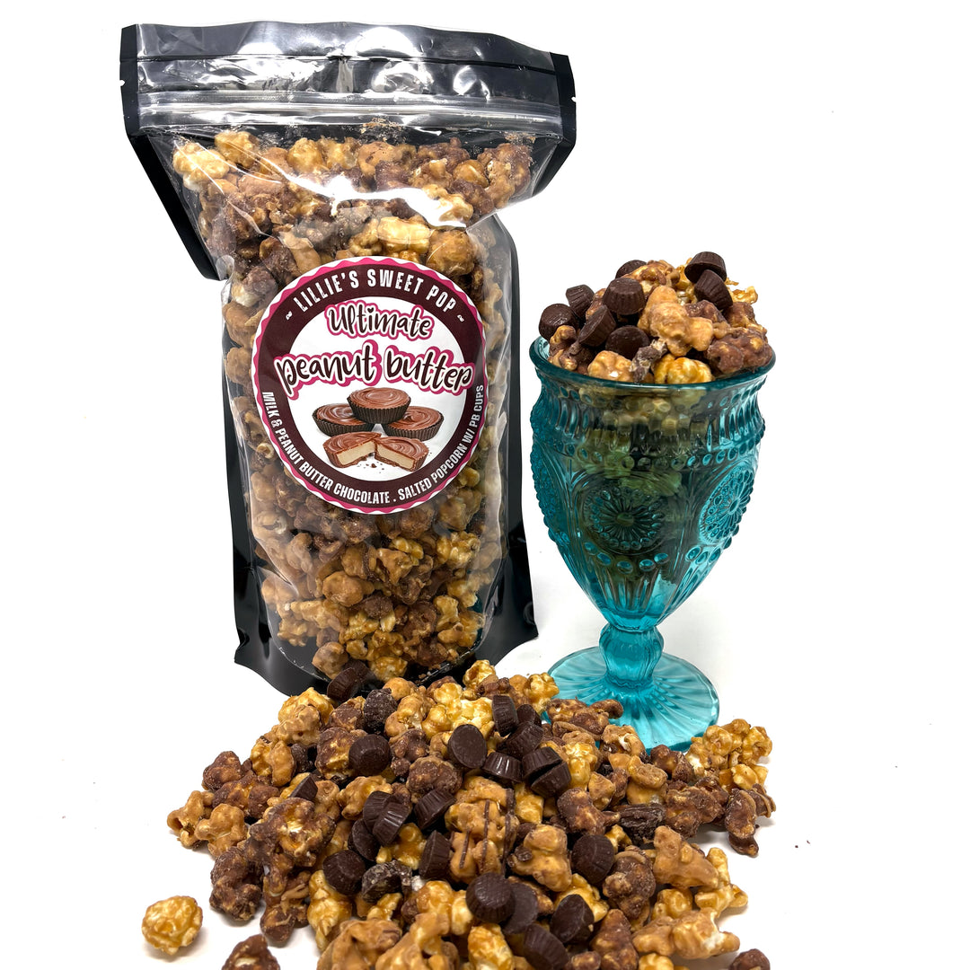 Our Ultimate Peanut Butter Cup Popcorn  includes a blend of milk chocolate popcorn, peanut butter chocolate popcorn, and salted vanilla popcorn. Finished off with mini peanut butter cups sprinkled throughout.