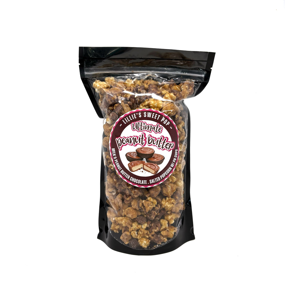 Our Ultimate Peanut Butter Cup Popcorn  includes a blend of milk chocolate popcorn, peanut butter chocolate popcorn, and salted vanilla popcorn. Finished off with mini peanut butter cups sprinkled throughout.