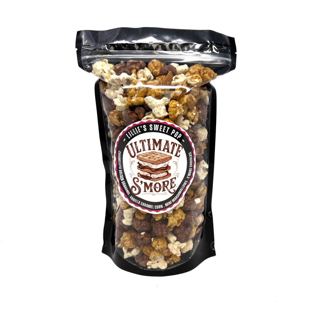 Ultimate S'more popcorn includes our salted vanilla caramel popcorn tossed with gooey s’mores chocolate, golden toasted marshmallows, and crunchy bits of Golden Grahams cooked right in with our caramel.