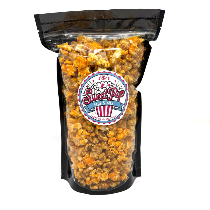 Our Mae's Mix Popcorn has a delicious blend of our buttery caramel popcorn and cheesy Better Cheddar popcorn.