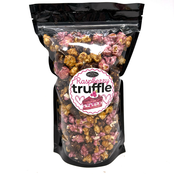 Our Raspberry Truffle Popcorn has a decadent blend of our buttery caramel popcorn, rich raspberry dark chocolate popcorn, and flavorful raspberry popcorn. 