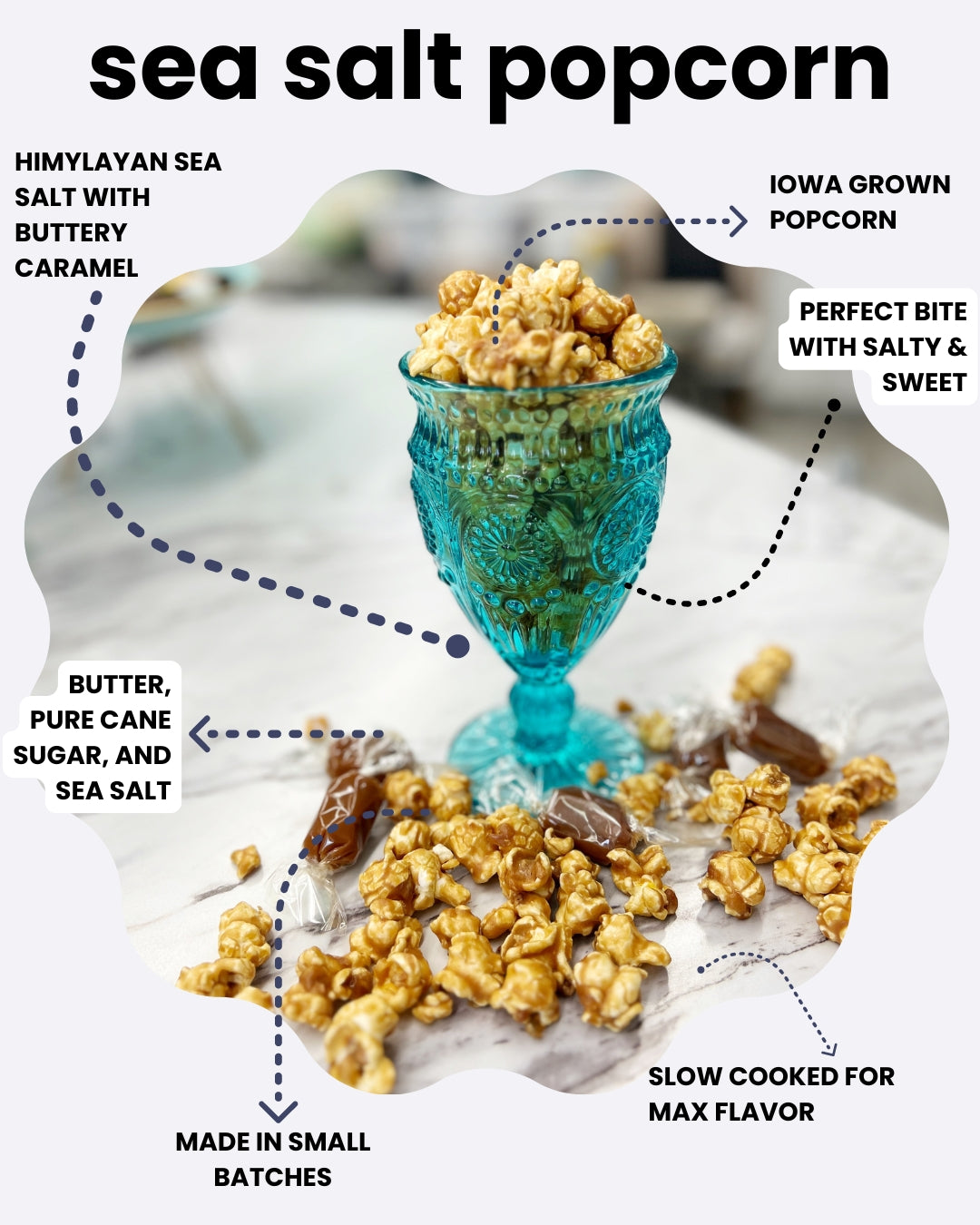 Salted Caramel Popcorn: Iowa grown popcorn coated in our buttery caramel with Himalayan sea salt