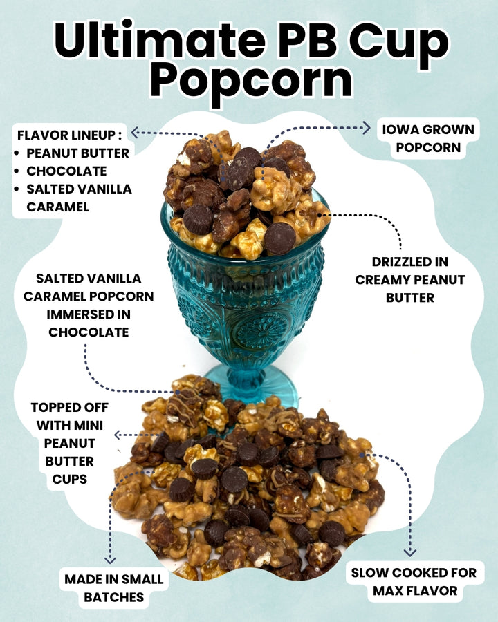 The Ultimate Peanut Butter Cup Popcorn includes slow cooked popcorn made in small batches for max flavor. We immerse our salted vanilla caramel popcorn in chocolate for the best flavor! Finished off with a drizzle of creamy peanut butter!
