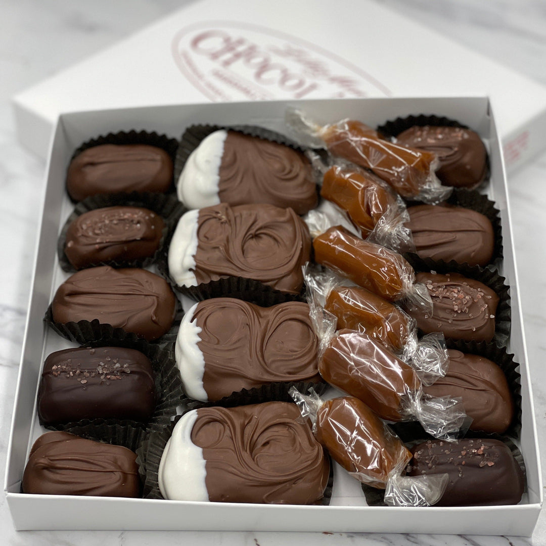 Chocolate covered caramel, wrapped caramel, and tortush