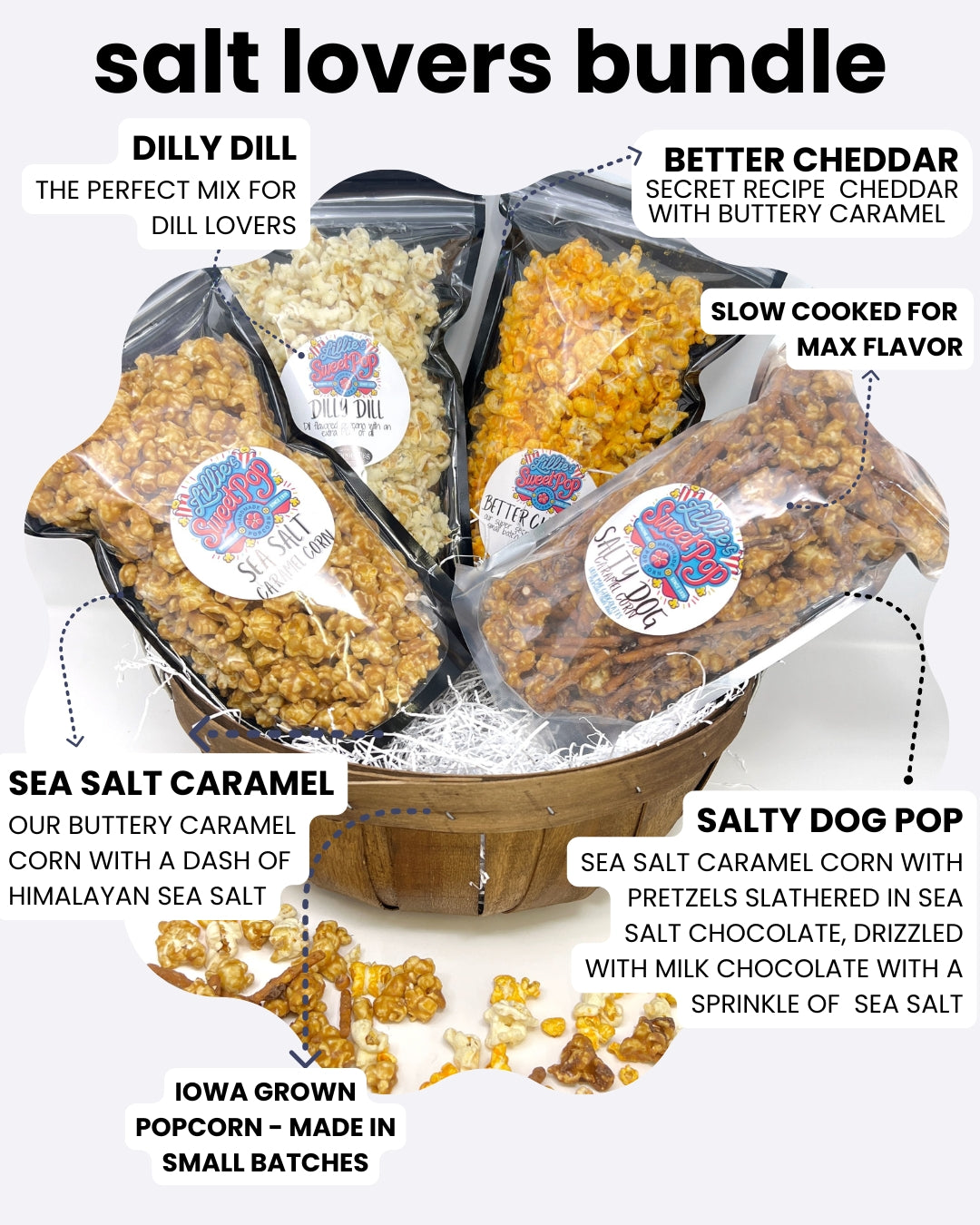 Salt Lovers Popcorn Bundle - Popcorn with Sea Salt Caramel, Better Cheddar,  Dilly Dill, and the Salty Dog