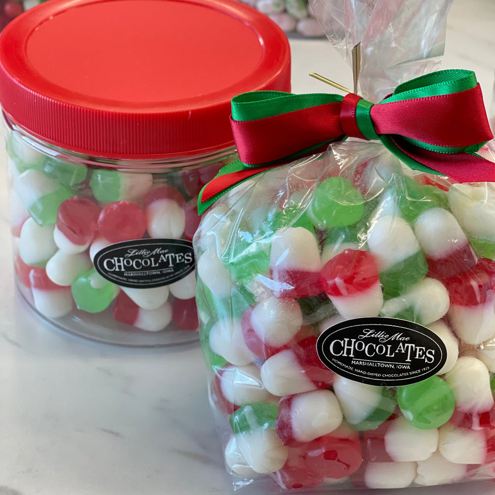Large bag with red white and green Christmas juju gummies.