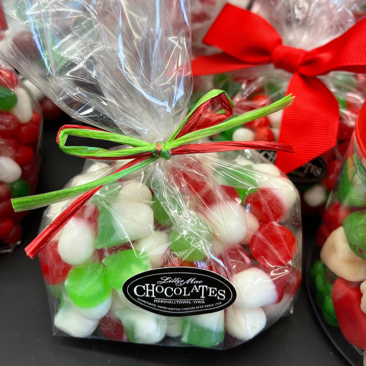 Small bag with red white and green Christmas juju gummies.