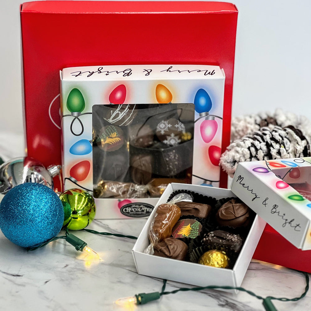 Small Merry and Bright gift assortment.  Cute assortment with wrapped caramels, truffles, soft center creams sea salt caramel, and a chocolate covered caramel.