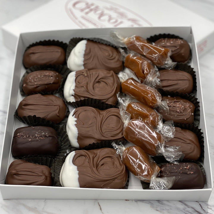Our large box filled with One Pound TorTush, Chocolate covered caramel, sea salt caramel, and wrapped caramels.