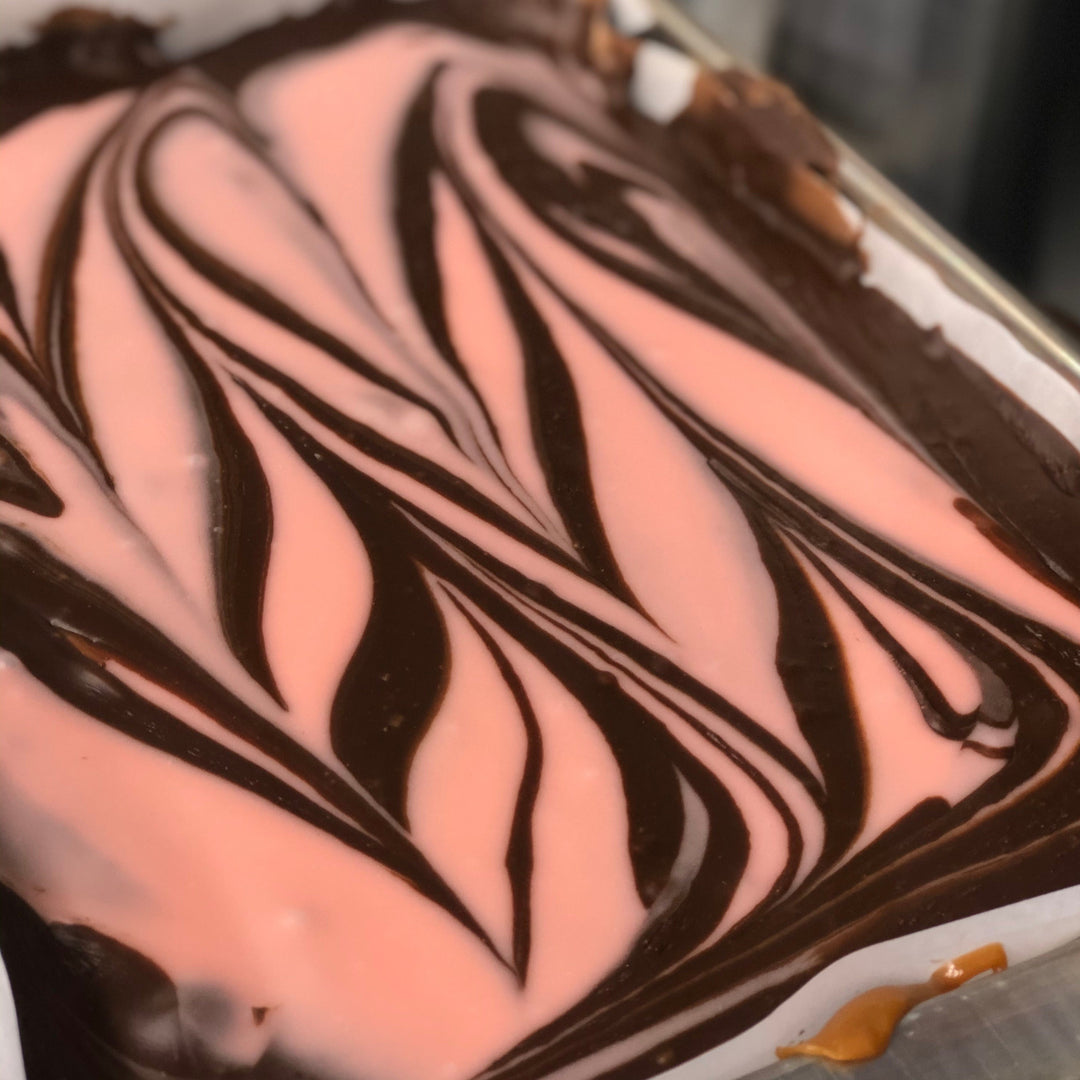 Our creamy amaretto fudge is swirled with our chocolate fudge 